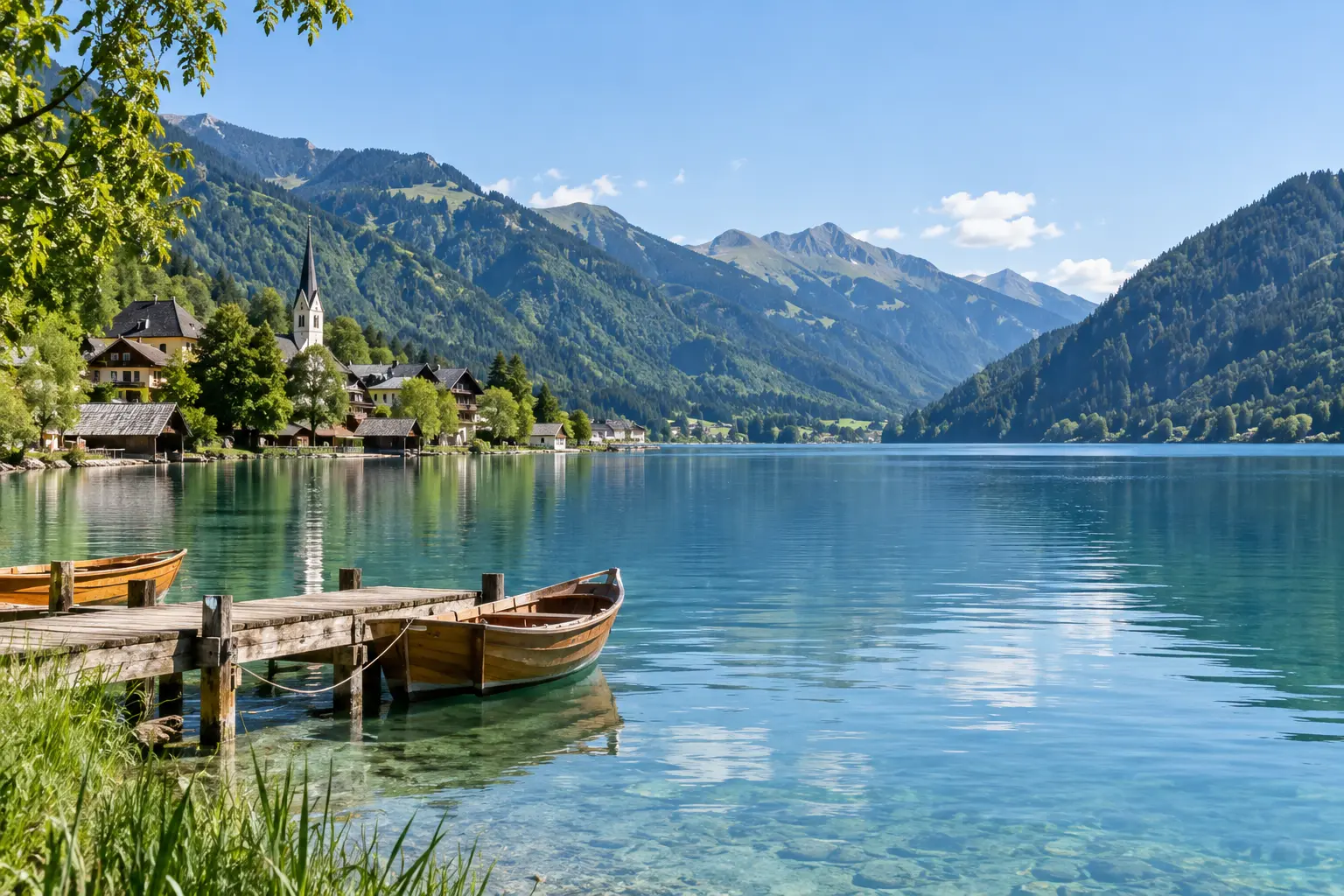 Weissensee lake and Alpine landscape in Carinthia, Austria