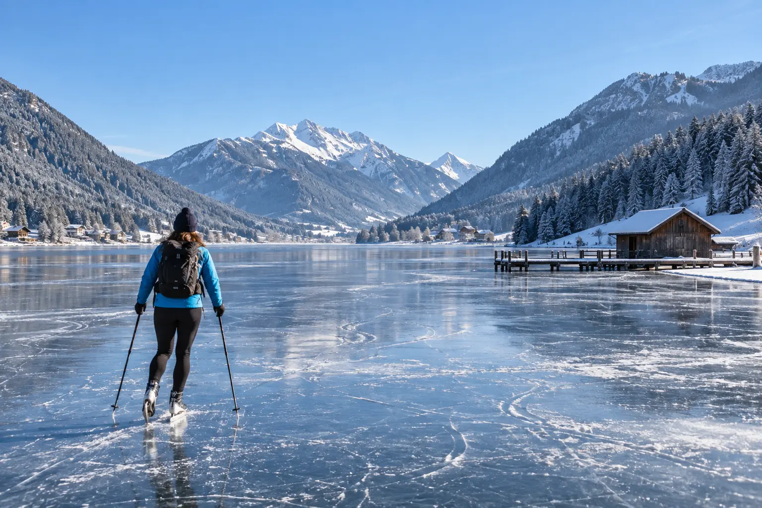 Frozen Weissensee in winter surrounded by the Carinthian Alps