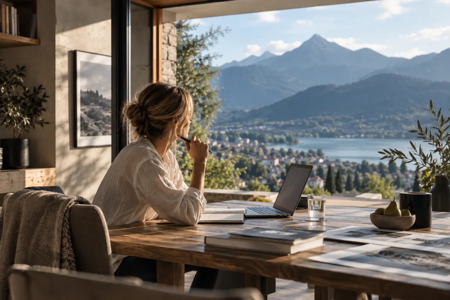 Woman working from a home overlooking an Alpine landscape