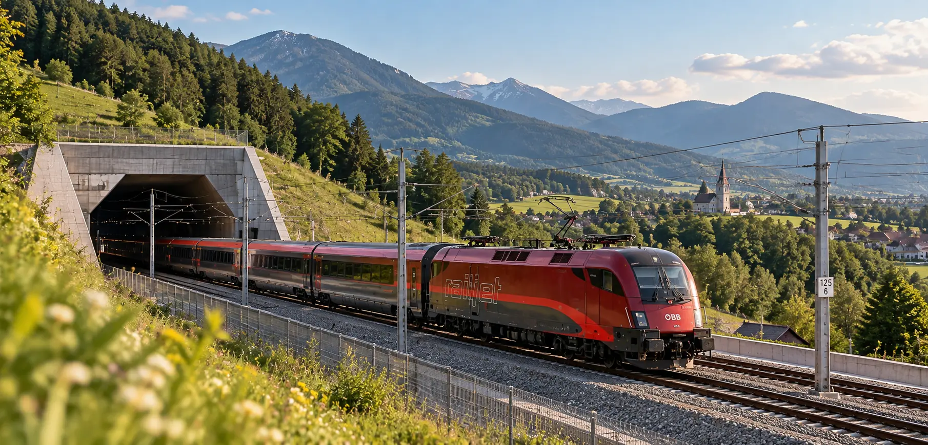 Moderne Bahninfrastruktur in einer österreichischen Alpenlandschaft