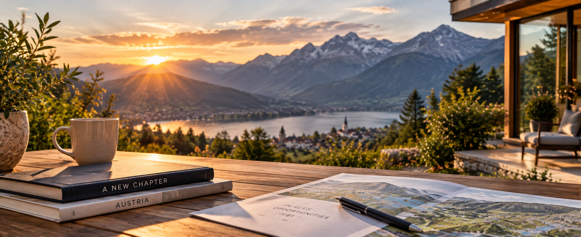 Alpenhaus mit Blick auf einen See und Berge in Österreich