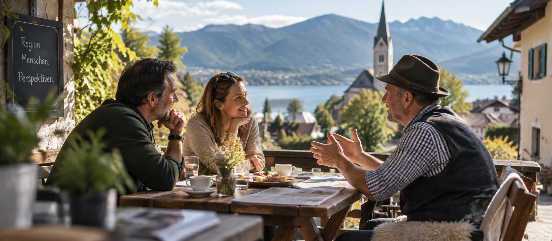 International couple talking with a local in Austria about life in the region