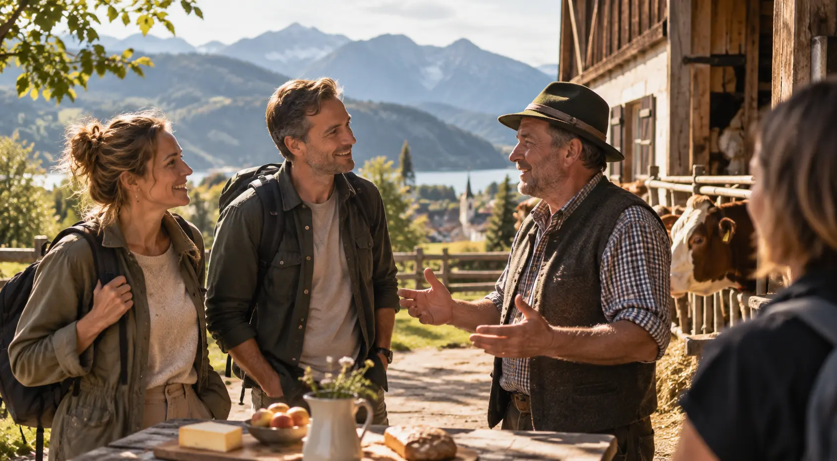 International couple experiencing local life in Austria and talking with an Austrian farmer