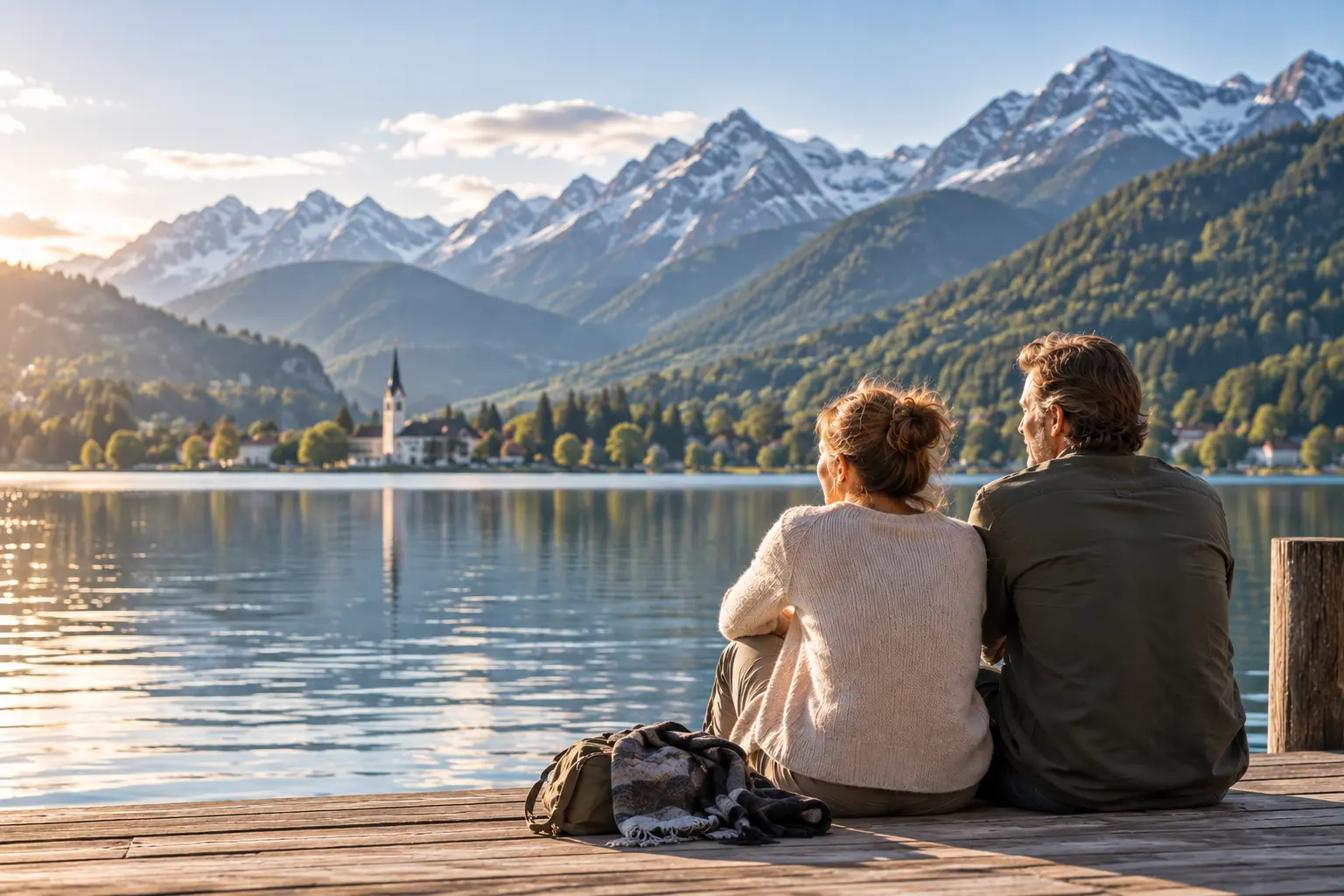 International couple reflecting on their future in Austria beside an Alpine lake