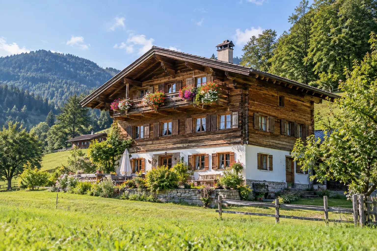 Traditional Austrian alpine house in a mountain landscape