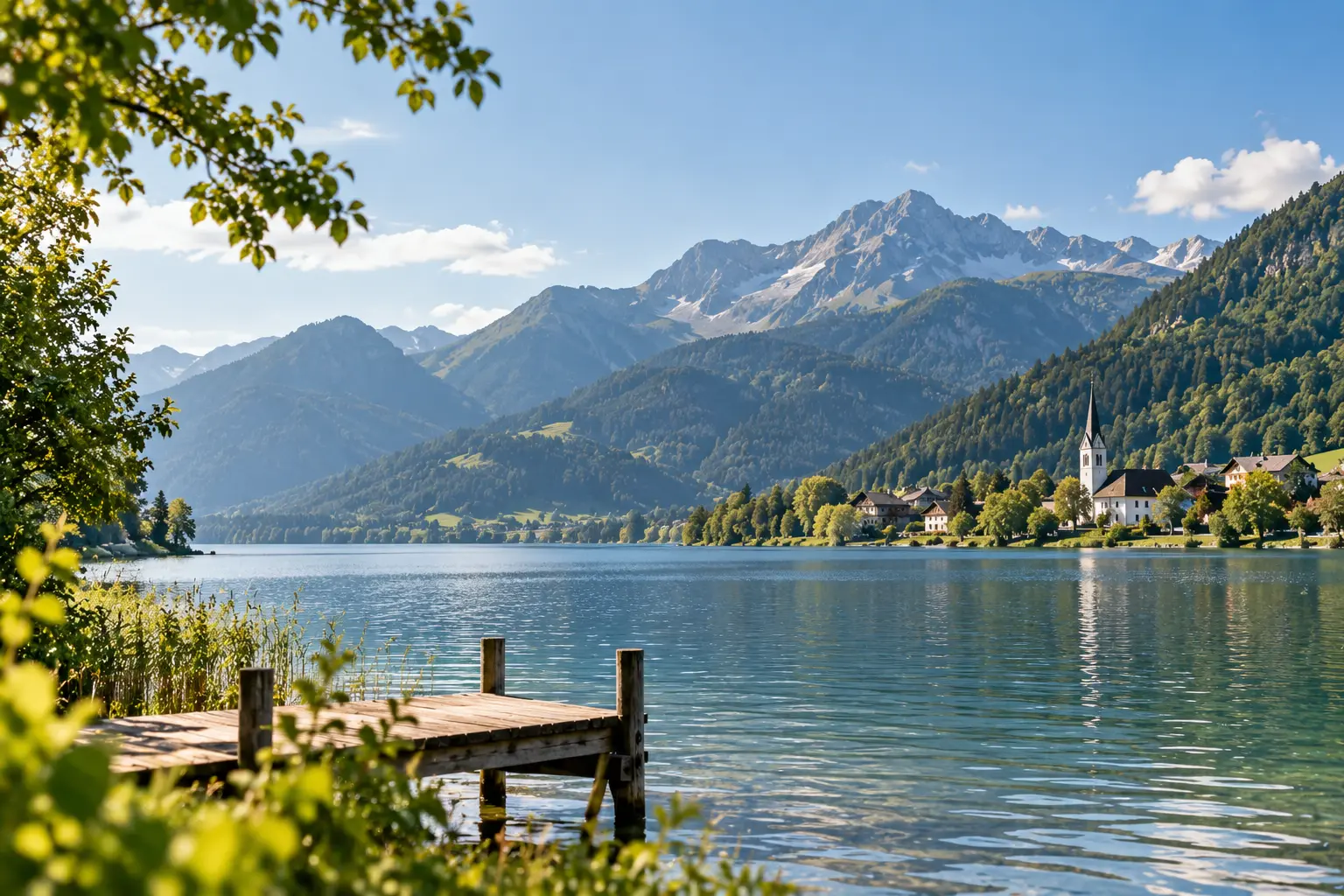 Austrian lake and mountain region with a lakeside village