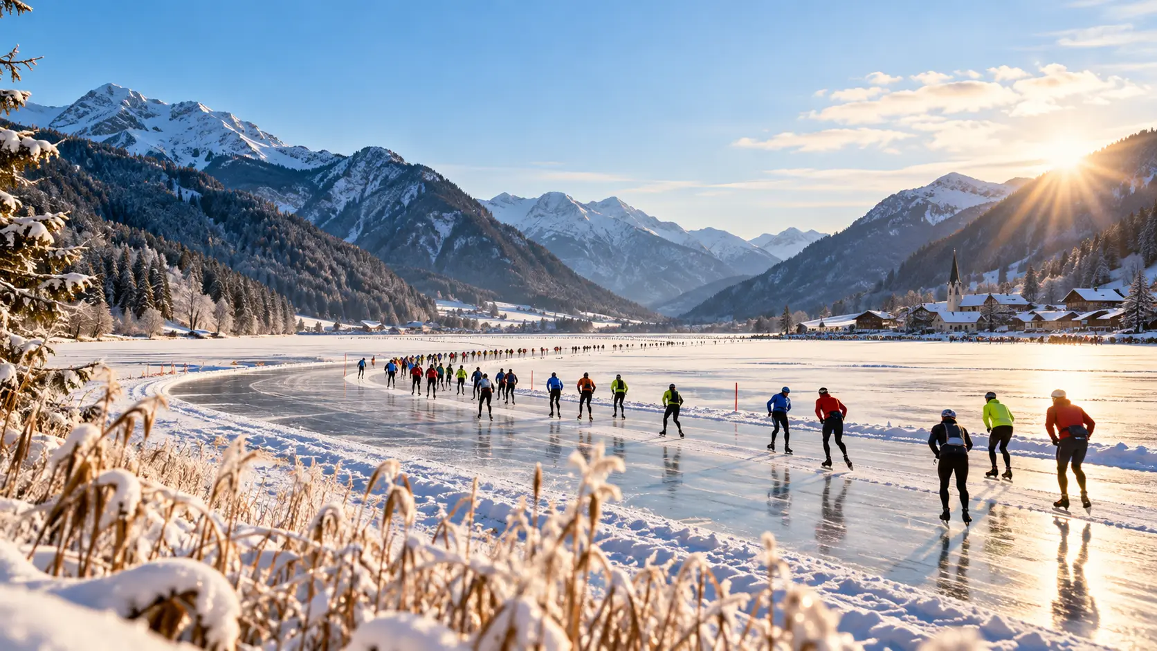 Ice skating on frozen Weissensee in Carinthia, Austria