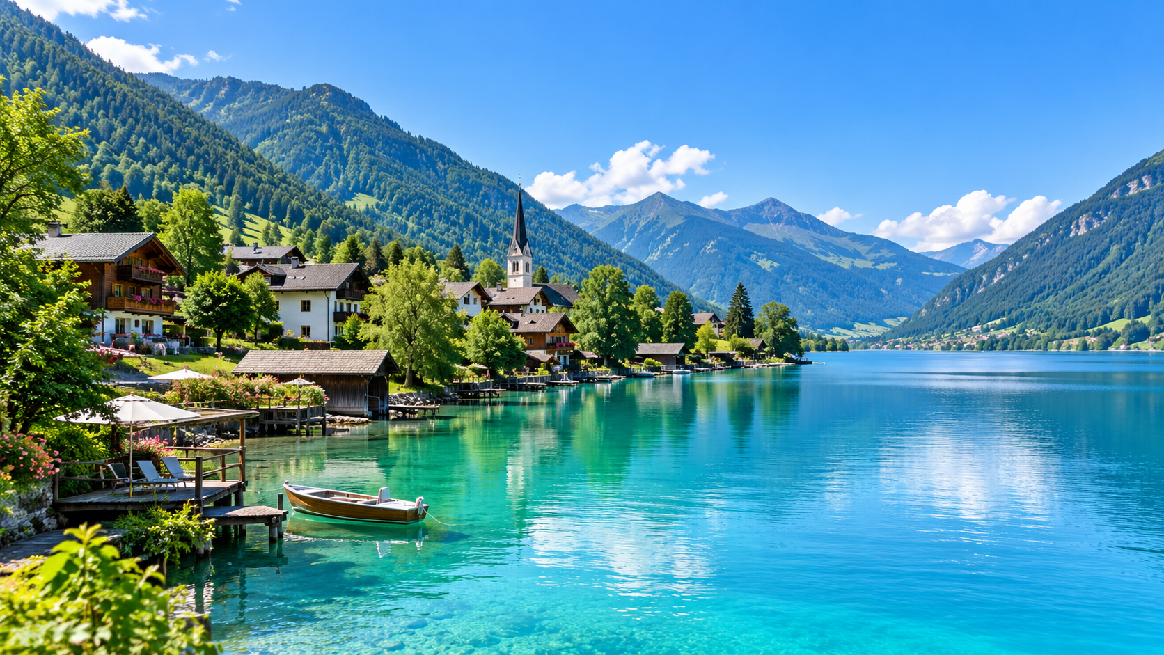 Turquoise waters of Weissensee in Carinthia, Austria