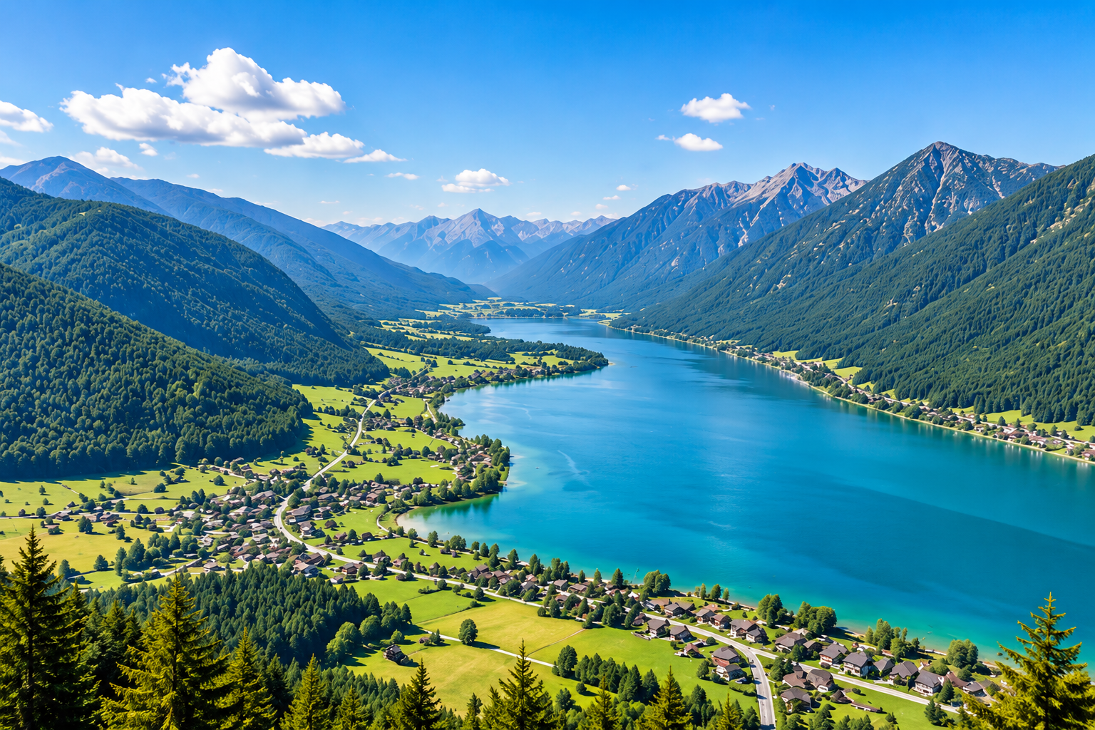 Aerial view of Weissensee and the surrounding mountains in Carinthia, Austria