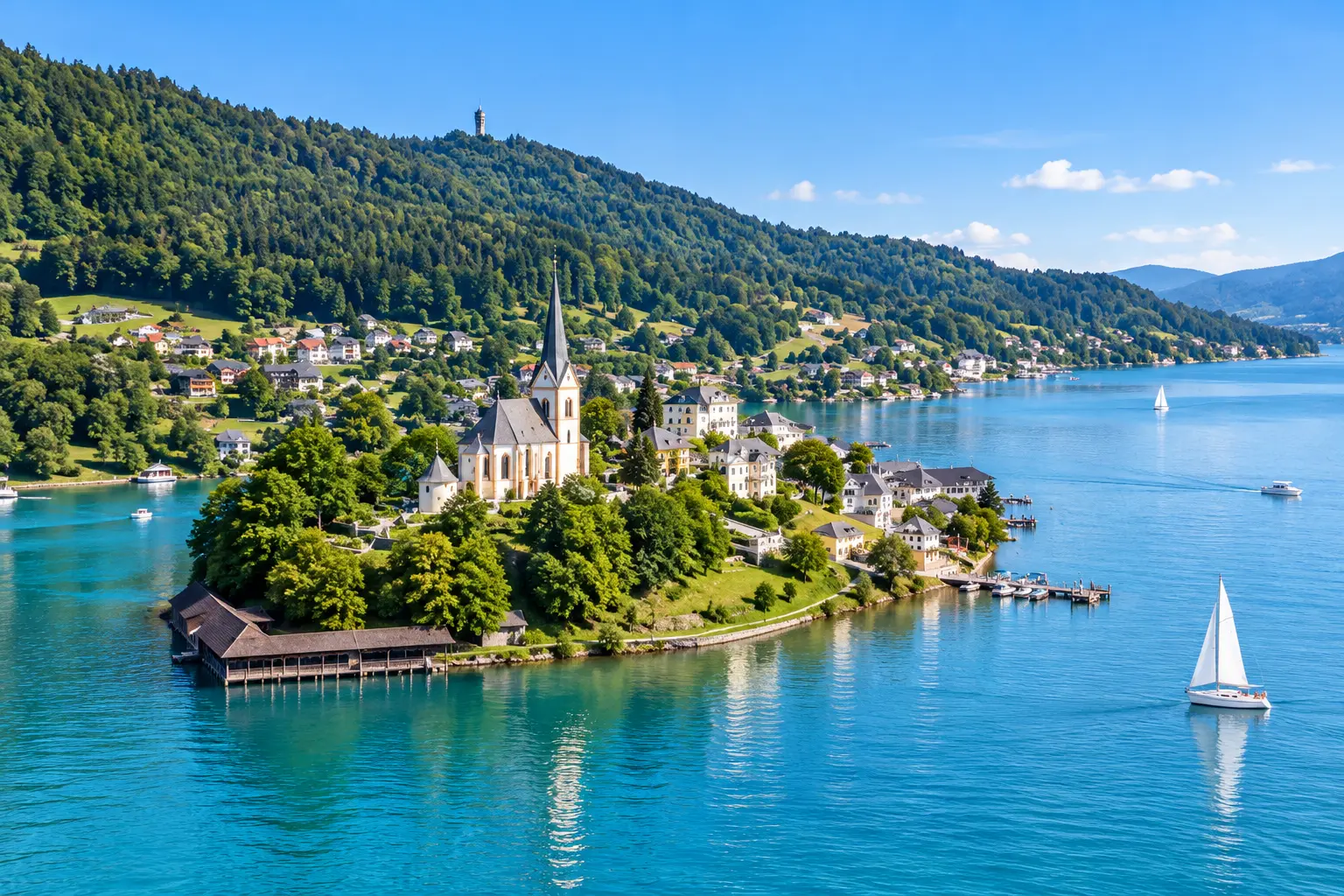 Maria Wörth and the south shore of Wörthersee in Carinthia, Austria