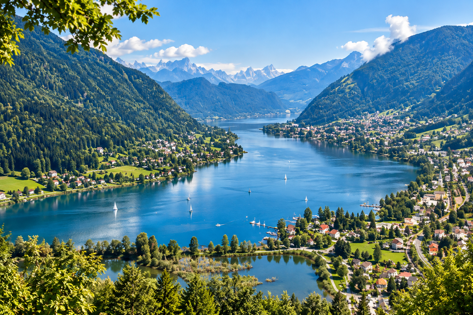 Panoramic view of Ossiacher See and the surrounding mountains in Carinthia, Austria