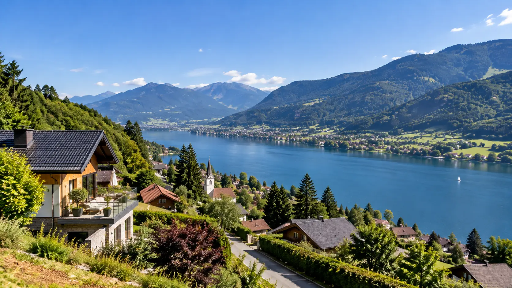 Homes overlooking Ossiacher See and surrounding villages in Carinthia, Austria