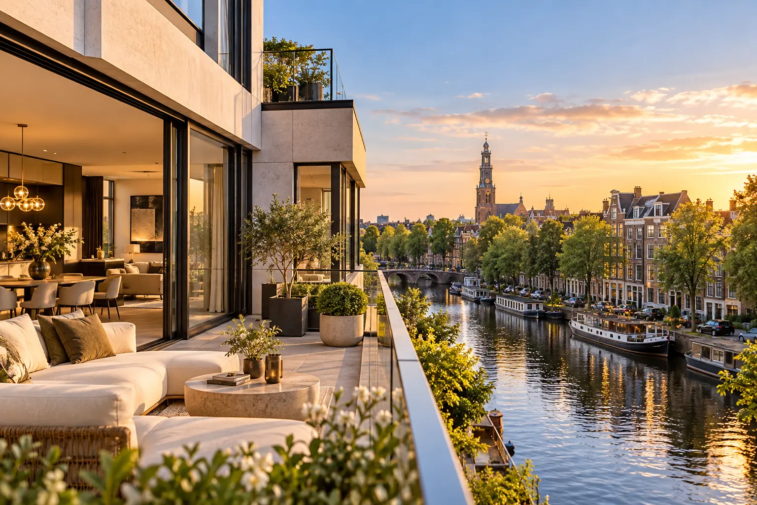 Residential property in the Netherlands with modern apartment and Dutch city view