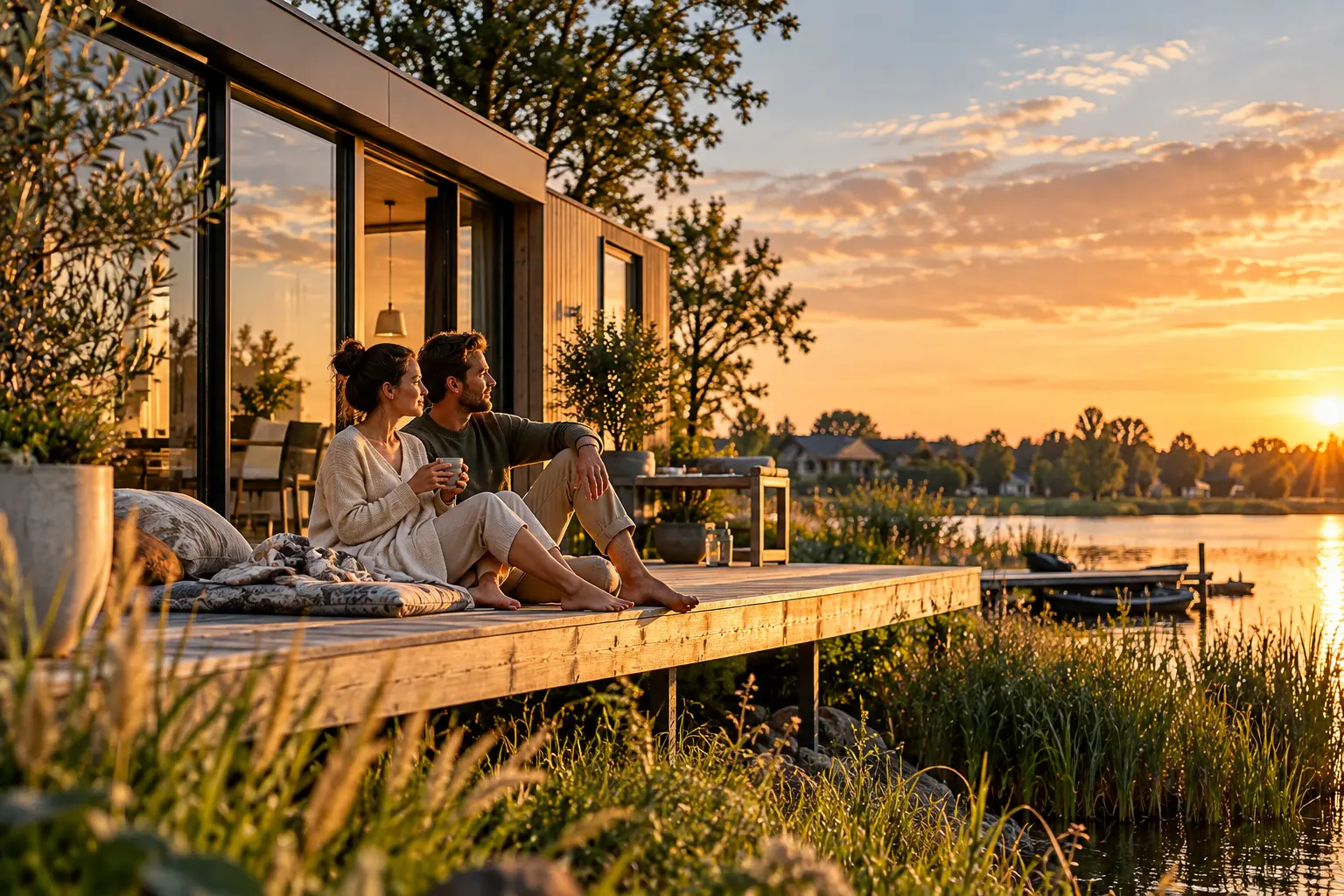 Couple enjoying waterfront living at a modern home in the Netherlands