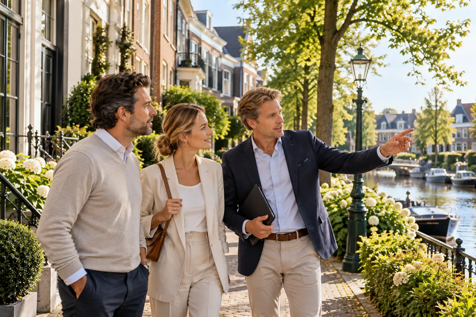 Local property expert advising buyers in a Dutch residential neighbourhood